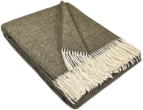 STTS International Merinowolldecke Decke Wolldecke Wohndecke 100% Merinowolle 140 x 200 cm Plaid Kuscheldecke Lugano (Olive-Weiß (M))