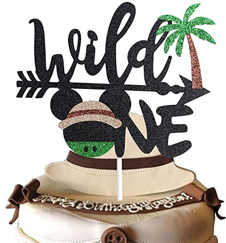 Mouse Safari 1st Birthday Party Decorations, Mouse Wild One Cake Topper Let's Go Wild Jungle Safari Party Cake Decor for One Year Old Baby， Glitter