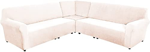 FASCINATDECO Sofabezug L-förmige Couchbezüge Ecksofabezug 3-teilige Dicker Plüsch Samt Schonbezug für Schnittsofa Haustier Kindermöbelschutz mit Elastischen Unterseite (Elfenbein,L-Form 7-Sitzer)