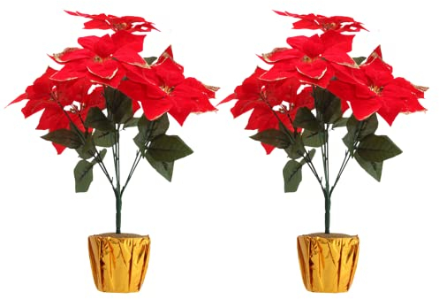 Fofetbfo Lot de 2 poinsettia rouges en pot de 45 cm, fleurs de poinsettia artificielles de Noël dans un pot doré, bouquet de fleurs de poinsettia à paillettes en soie pour décoration de table de Noël