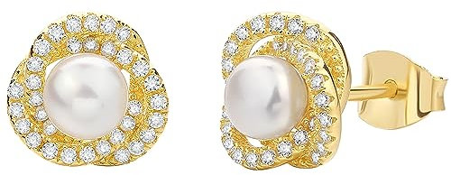Pearl Earrings 18CT Gold Sterling Silver Freshwater Pearl Stud Earrings Natural White Pearl Studs Small 8mm Vintage Jewellery for Women Ladies Mom Wedding Anniversary