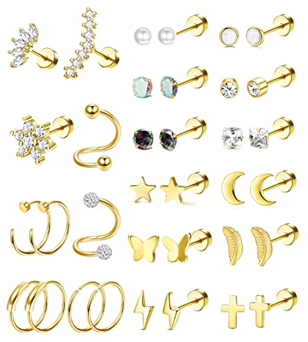 Milacolato 20G Chirurgenstahl Kleine Ohrstecker Für Damen Herren CZ Opal Mond Herz Stern Knorpel Ohrringe Creolen Helix Tragus Daith Piercing Schmuck Ohrringe Mit Flacher Rückseite Gold