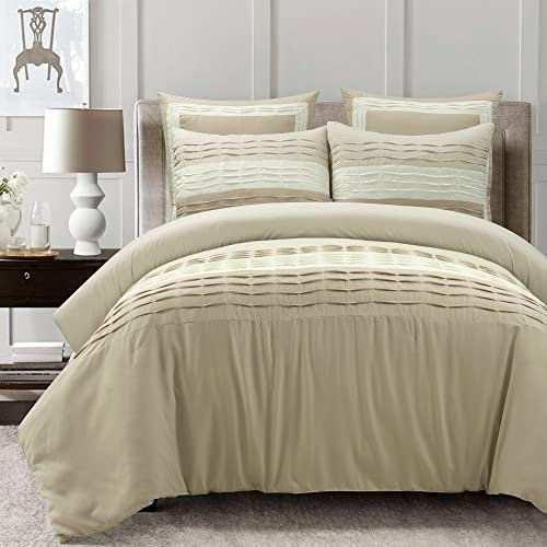 Lush Decor Mia Solid plissierter Farbblock mit Euro-Kissenbezügen, 5-teiliges Bettdecken-Set, Full/Queen, neutral