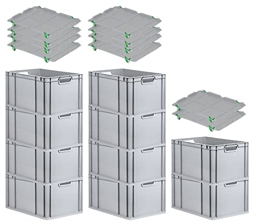 PROREGAL SparSet 10x Eurobox NextGen Grip mit Auflagedeckel & 4 grünen Schiebeschnappverschlüssen, HxBxT 32x40x60cm, 65 L, Grau, Griffe offen, Eurobehälter, Transportbox