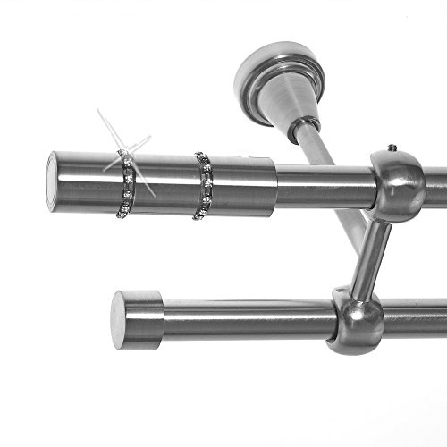 BASIT Gardinenstange Edelstahllook 16mm 2-läufig Decke 240cm lang D24 | Gardinenstangenset doppelläufig Deckenmontage Metall Vorhangstange Deckenhalterung 120-600cm wählbar Kappe mit Kristall E26