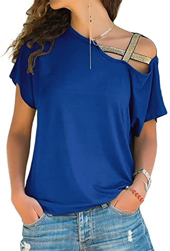 KCatsy Women Solid Color Cute Cat Print Cut-Out One Shoulder Asymmetrical Crisscross Dorado Glitter Sparkly Strap Summer Top Bling-Bling Plain Short Sleeve Loose T-Shirt Blouse S 8 A-Blue