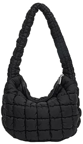 Halemet Gesteppte Tragetasche für Frauen Puffer Bag Leichte Polsterung Umhängetasche Hobo Bag Satchel Handtasche Cloud Bag mit Reißverschluss 2023, Schwarz, Einheitsgröße