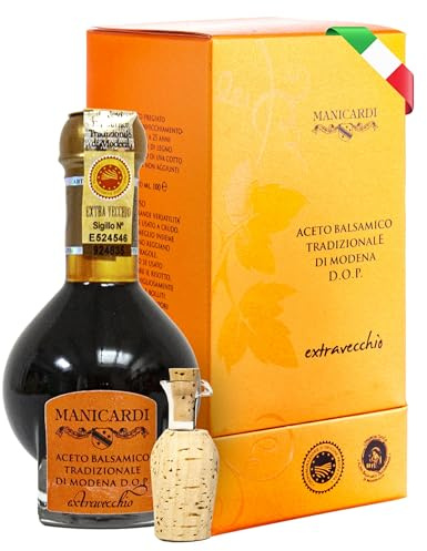MANICARDI Vinaigre Balsamique Traditionnel de Modène AOP Extra Vieux – Vieilli 25 Ans, Parfait pour Snacks, Pâtes, Légumes, Vinaigrettes et Viandes – Produit en Italie, 100 ml