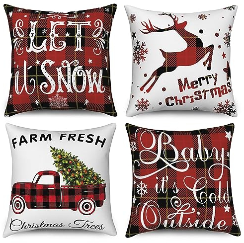 Hnmdmyi Kissenbezug Weihnachten 45x45 4er Set, Bauernhaus Schwarz und Rot Büffel Plaid Hirsch LKW Xmas Baum Winter Urlaub Dekorative Kissenbezüge Leinen Kissenhülle für Sofa Couch Outdoor Home Decor