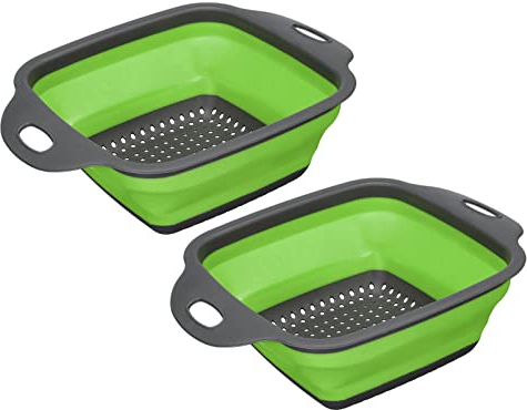 sourcing map Juego de 2 coladores plegables, coladores cuadrados de silicona plegables con asa, ahorro de espacio, adecuado para pasta, verduras, frutas, verde, pequeño