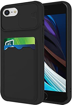 Compatible avec Coque iPhone SE 2022 Antichoc avec Porte Carte, Etui iPhone SE 2022 Silicone avec Protection Cache Camera Coulissant Coque de Telephone Ultra Fine Housse (Noir)