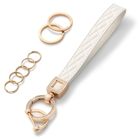 AOKSUNOVA Schlüsselanhänger Leder, Auto Schlüsselanhänger Glitzer Keychain mit 5 Schlüsselring und Anti-Lost D Ring,Geschenk für Damen oder Männer(Weiß)