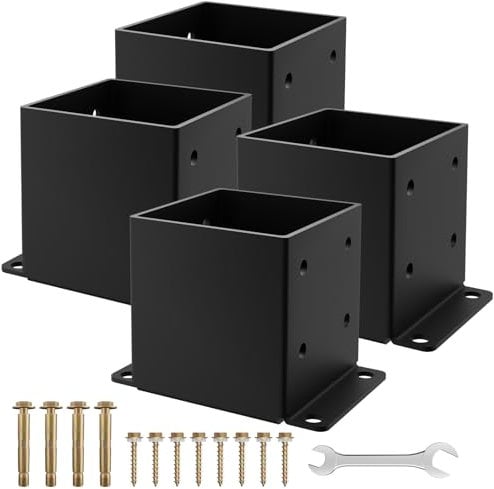 AOSTD 6x6 Post Base 4 Pcs- Inner Size 5.6x5.6 Inch Wood Fence Post Anchor - 13 Gauge Heavy Duty Solid Steel Black Powder-Coated Railing Post Brackets for Support Deck, Pergola - Includes Screws