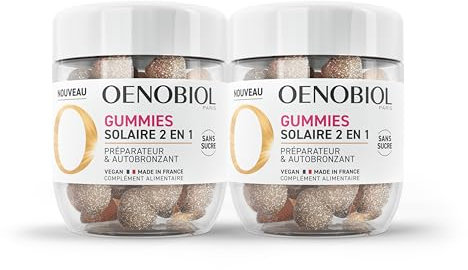 OENOBIOL - GUMMIES Solaire 2en1 - Préparateur Solaire - autobronzant - Programme 2 Mois - 2 x 60 Gummies - Arômes Naturels Fraise, Citron - Complément Alimentaire - sans Sucre - Vegan - Made In France