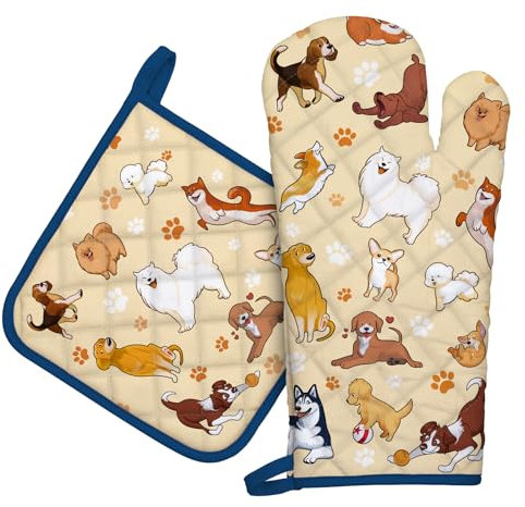 Arquiel Dog Oven Mitts and Pot Holders -100% Cotton, Heat Resistant Extra Long Oven Gloves & Hot Pads for Cooking BBQ Grilling Baking Gift, Set of 2