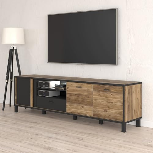 Forte HAYATO TV-Schrank 200, moderner Schrank mit 3 Türen, 1 Schublade, Lowboard, Holzwerkstoff, Schwarz/Alpenfichte Holzdekor, 199,2 cm breit x 56,4 cm hoch x 42 cm tief