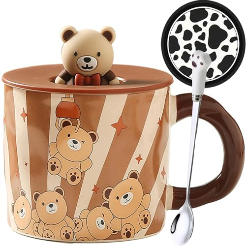 Disoza Tazza Orso Coperchio Tazza Orso 420ml Tazza Caffè Regalo Orso Tazza Da Tè In Ceramica Con Cucchiaio e Sottobicchiere Tazza Da Tè Caffè Natale Regalo Di Compleanno Per Donna Fidanzata