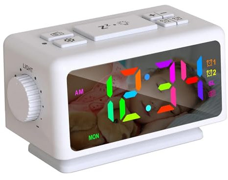 DollaTek Multifunktionaler FM Radio Wecker RGB Spiegel LED Digitalanzeige Desktop Ladeuhr mit Dual USB Ausgang dimmbarer Nachttisch-Schlummerwecker – Weiß
