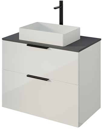 BERNSTEIN Unterschrank in Weiß glänzend für Aufsatzwaschbecken - 79,8 x 45,5 x 62 cm - Waschbeckenunterschrank mit 2 Schubladen, mit Waschtischplatte in Anthrazit, Badschrank Griff in Schwarz matt