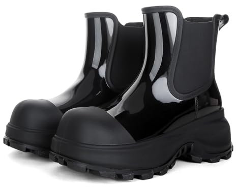Minetom Stivali Pioggia Donna Platform Impermeabile Stivali in Gomma Chelsea Stivaletti Antiscivolo Scarpe da Giardino Ankle Boots A Nero 39 EU