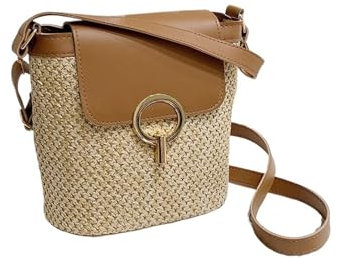 MZSKLW Sac fourre-tout tissé pour femme, sac de vacances, sac à bandoulière en paille, sac en rotin, petit sac tendance, marron, 22×12.5×21cm