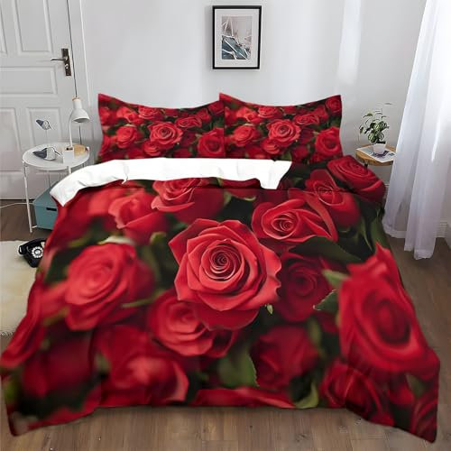 XCQHZYQ Bettwäsche 180x200 cm Rote Rose Blumen 3D Drucken Bettbezug Set Polyester Baumwolle Kinderbettwäsche Set für Kinder Teens, Bettwäsche mit 2 Kissenbezüge 80x80 cm