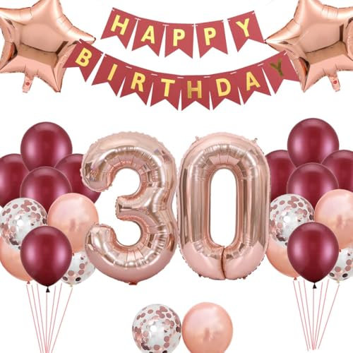 Luftballon 30. Geburtstag Dekorationen, Burgund Rose Gold 30. Folie Ballons Geburtstag Dekoration Set, 30 Jahre alt Frauen Geburtstag Party Dekorationen, Frauen Partyzubehör zum 30. Jahrestag