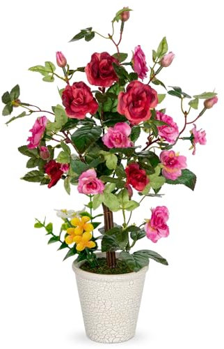 Briful 37CM Künstliche Kamelie Sasanqua Kunstblumen Wie Echt im Topf Rote Dekoblumen für Wohnzimmer Küche Badzimmer Dekoration