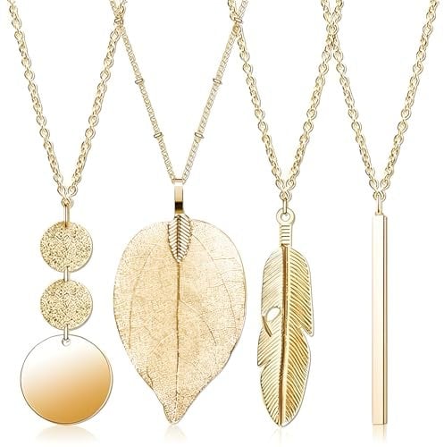 4 PCS Long Pendant Necklaces for Women, Trendy Gold Bar Feather Circle Leaf Chain Necklaces, Boho Style Costume Necklaces Y Simple Long Sweater Chain Adjustable Jewelry Set for Women (Gold)