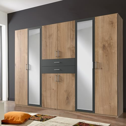 Lomadox Schlafzimmer Kleiderschrank Drehtürenschrank 270 cm in Eiche, mit 8 Türen, 2 Schubladen, 2 Kleiderstangen