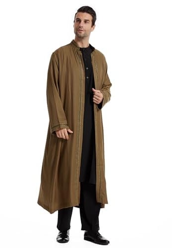 Faonkeew Männer Muslim Thobe Lose Kaftan Herren Freizeithemd mit Langen Ärmeln Slim Fit Hemd Traditioneller Anzug Middle East Thobe Langarm Dashiki mit goldfarbenem Druck