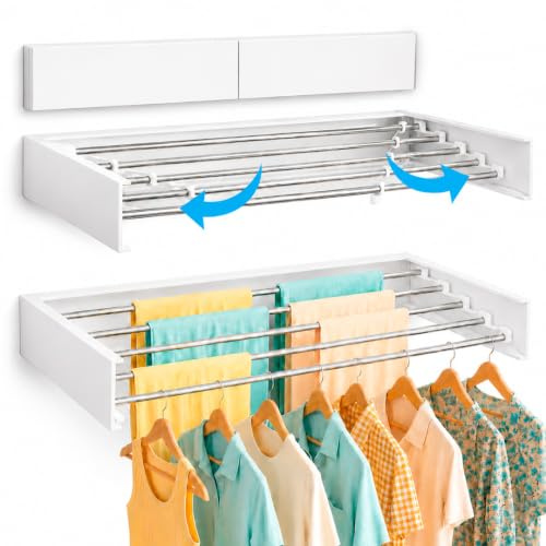 Marctani Tendedero Extensible Pared Ahorra Espacio - Tendederos Plegables Interior o Exterior - Tendal Plegable Resistente 24 Pinzas - Tenderete de Ropa (Blanco, 120 CM)