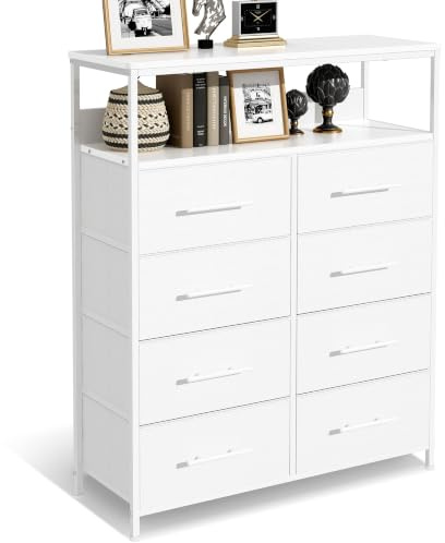 MYGIIVOVO Chest of Drawers, Dresser for Bedroom, White | 8 Fabric Drawers, Tall Storage Organizer Unit, 2 Layers Shelf, TV Stand with Sturdy Metal Frame