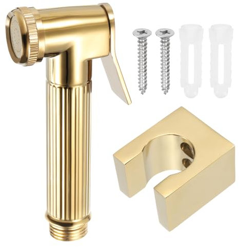 sourcing map Handheld Bidet Sprayer for Toilet, Metal Bathroom Sprayer Kit Adjustable Water Pressure Control with Bidet Sprayer Holder and Screw for Kitchen Toilet Flushing Washing, Gold