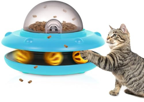 UFO Automatic Cat Slow Feeder Interative Puzzle Toy, 50g/1.76oz Cat Food Dispenser with Built-in Rechargeable Battery for Small Pets Indoor, Automatic Dog Slow Feeder for Dry Food (Blue)
