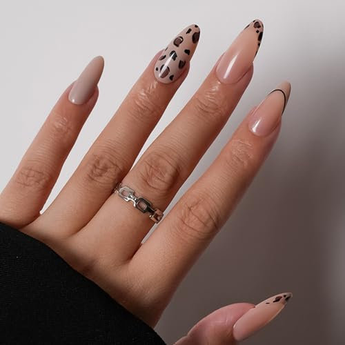 24PCS Leopard Print French Tip Press on Nails – Medium Length Almond Shape Stick On Fake Nails, Durable Natural Acrylic Nails for Women, Easy to Apply & Remove
