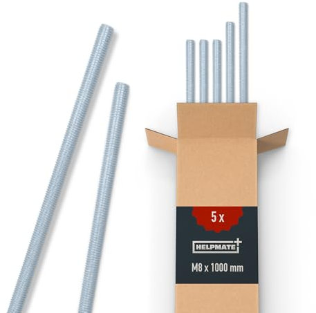 HELPMATE Asta filettata M8 x 1000 mm in acciaio zincato - 5 barre filettate con filettatura metrica completa - Perni filettati con classe di resistenza 4.8, DIN 976