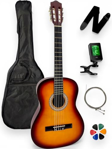 AMROVA - Guitare Classique Enfant 3/4 Droitier (8-12 ans) + Housse + Sangle + Accordeur + Cordes + Médiators + Cours Vidéo Offerts (Sunburst, 3/4, Droitier)