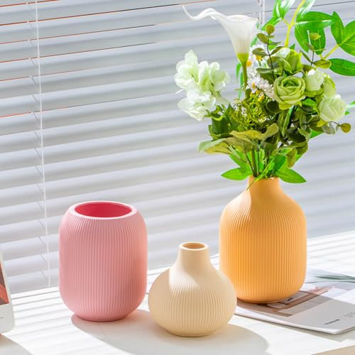 Lot de 3 vases en céramique,vases en céramique pour la décoration de la Maison,Vase décoratif pour Herbe de Pampa et Fleurs séchées,bibliothèque,cheminée et décoration (Rose,Orange,Jaune Clair)
