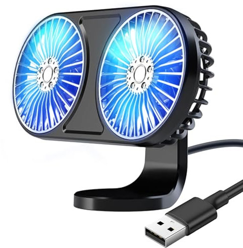 HUAJUN Ventilateur de Voiture, 360° Rotative Double Ventilateur USB, Sortie d'air Multifonction et Base Pivotante,3 Vitesses Réglables pour Voiture,Camping-car,Maison,Bureau