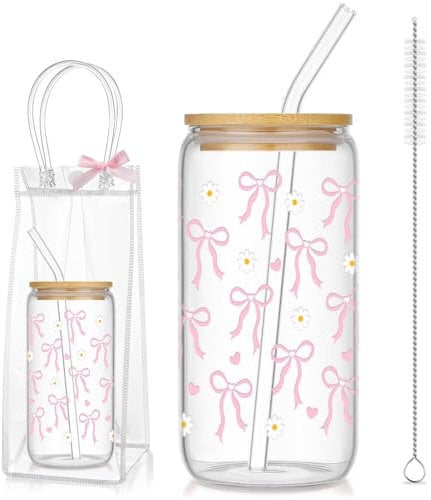 saerryor Glass Tumbler with Straw and Lid for Women Girls,16 oz Pink Flower Bow Glass Drinking Cup for Iced Coffee Bubble Tea Water, Gift for Mum Wife Daughter Girlfriend Sisters Friends