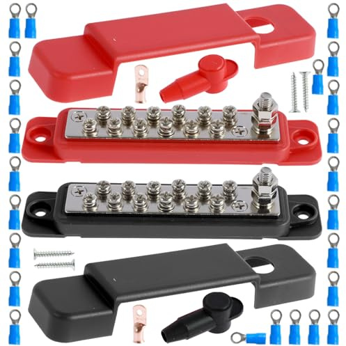 Sammelschiene 12V-48V,Stromverteilerblock mit Abdeckung und Schrauben,Sammelschiene Verteilerblock für PKW,Wohnmobil,LKW(Schwarz+rot)