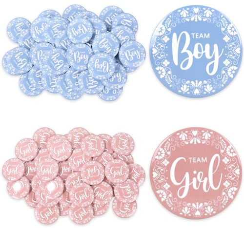 Whaline 50 Pcs Cielito Lindo Gender Reveal Button Pink Blue Pins Team Girl Boy Buttons Badges for Baby Shower Party Favors Game Supplies, 1.8 In