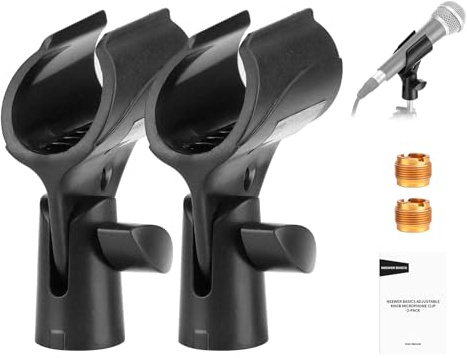 NEEWER BASICS Microphone Holder Accessories Kit 2 Pack, Adjustable Mic Clips with Non Slip Design & 3/8 to 5/8 Screw Adapters for Universal Wired Wireless Handheld Mics from 30mm to 35mm, MS018
