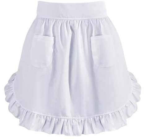 Harnovlis Half White Apron with 2 Pockets, Ruffle Maid Apron, Cosplay Maid Aprons, Adjustable Waitress Costume Aprons for Kitchen Cooking Restaurant Servers Coffee Shop Costume Accessory