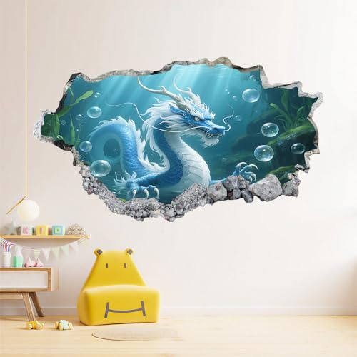3D Durchbruch Wandtattoo Mädchen Kinderzimmer Drachen Wandaufkleber Dekorative Ozeanblasenkoralle Wandsticker für Junge Teenager Zimmer Wohnzimmer Schlafzimmer Wandbilder Deko 87x58