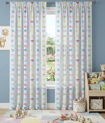 Tata Home Coppia Tende per Interni a Vetro Finestra Semitrasparenti Bianche Tendine Cameretta Bambini con Cuoricini Arcobaleno Misura 140x290 cm Mod. Giorgia B4