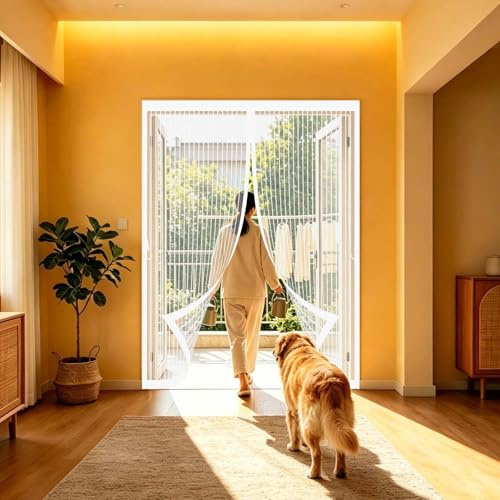 Zanzariera Porta 72 x 210 cm Magneti Potenti Chiusura Automatica, Traspirante Zanzariera Porta Finestra a Calamita Resistente Traspirante per Balcone Soggiorno, Bianco