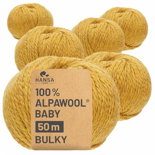 HANSA-FARM | 100% Baby Alpakawolle in 50+ Farben (kratzfrei) - 300g Set (6 x 50g) - weiche Alpaka Wolle zum Stricken & Häkeln in 6 Garnstärken by Hansa-Farm - Senfgelb Heather (Gelb)