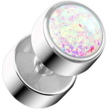 Piercingfaktor Runde Ohrring Ohrstecker Fake Piercing Ohr Plug Flesh Tunnel Ohrpiercing Edelstahl Platte Stecker mit Opal Glitter Weiß